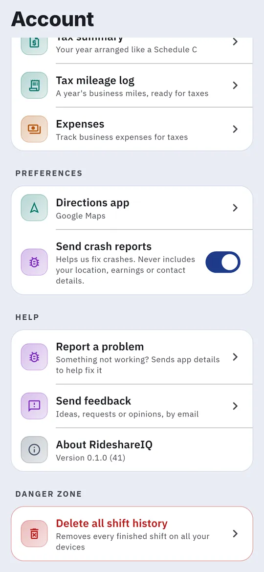 More of Account: preferences, help and the danger zone