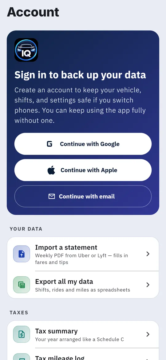 Signing in, under Account