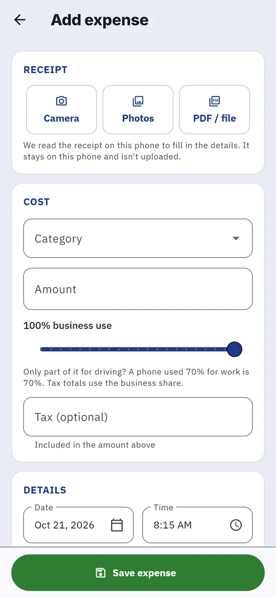 Add expense, with the receipt buttons