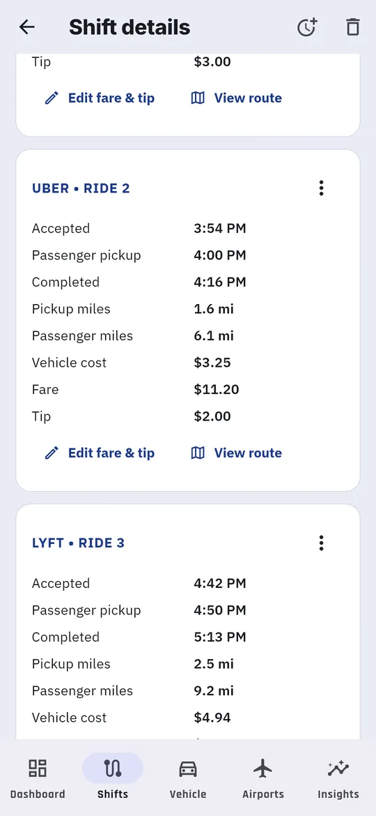 Its rides, with Edit fare & tip